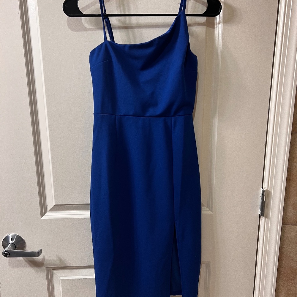 Shape the night cobalt blue asymmetrical midi dress